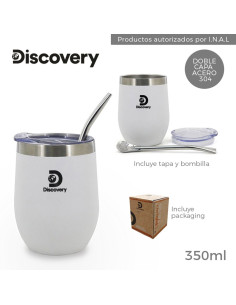 Vaso mate 350 ml. Art. DIS 13678 BLANCO acero inoxidable c/ tapa y bombilla c/ caja INAL OK 2